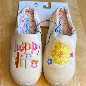Kids 'Happy Life' Cream Slip-On Slippers with Embroidered Floral Accents
